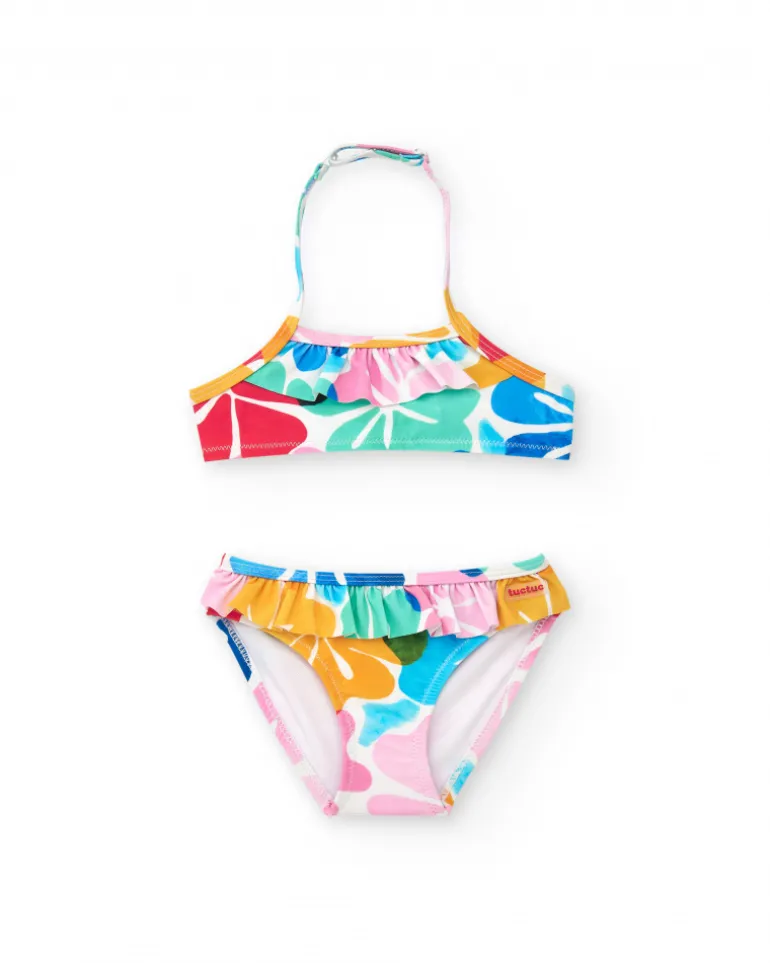 Bikini para niña en azul con estampado floral y volantes