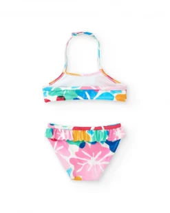 Bikini para niña en azul con estampado floral y volantes