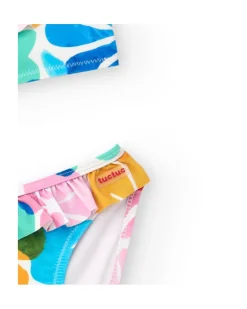Bikini para niña en azul con estampado floral y volantes