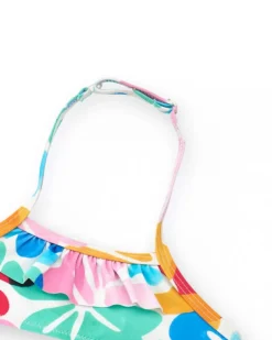 Bikini para niña en azul con estampado floral y volantes