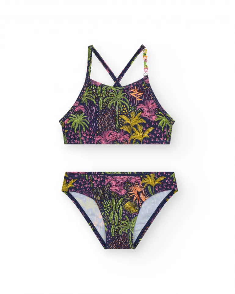 Bikini para niña en azul marino con tirantes y estampado tropical