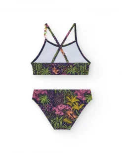 Bikini para niña en azul marino con tirantes y estampado tropical