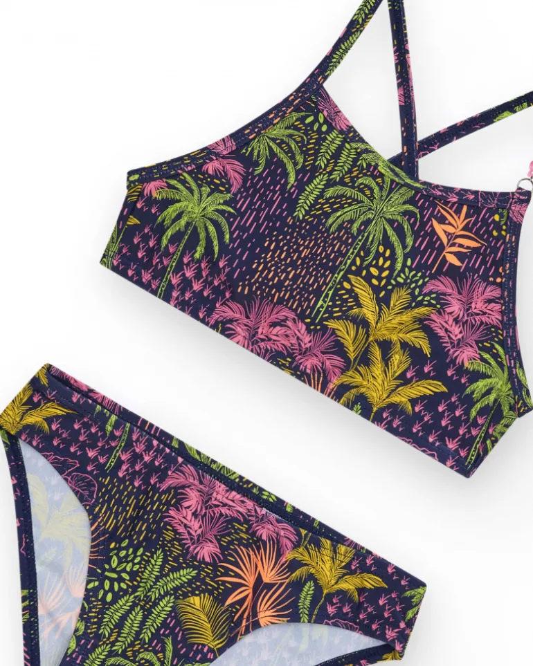 Bikini para niña en azul marino con tirantes y estampado tropical
