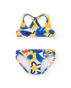 Bikini para niña en azul y amarillo con flores