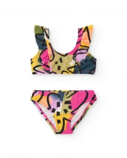 Bikini para niña en lila con estampado multicolor
