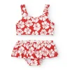 Bikini para niña en rojo con estampado floral y volante