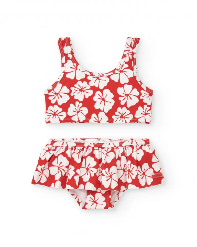 Bikini para niña en rojo con estampado floral y volante