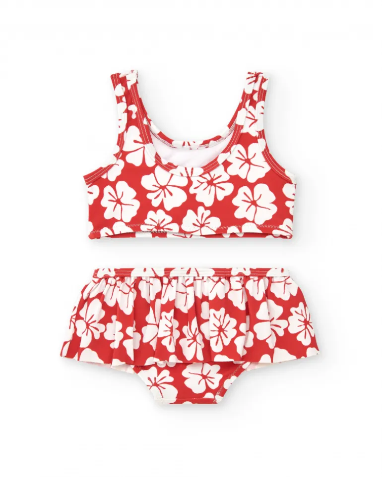 Bikini para niña en rojo con estampado floral y volante