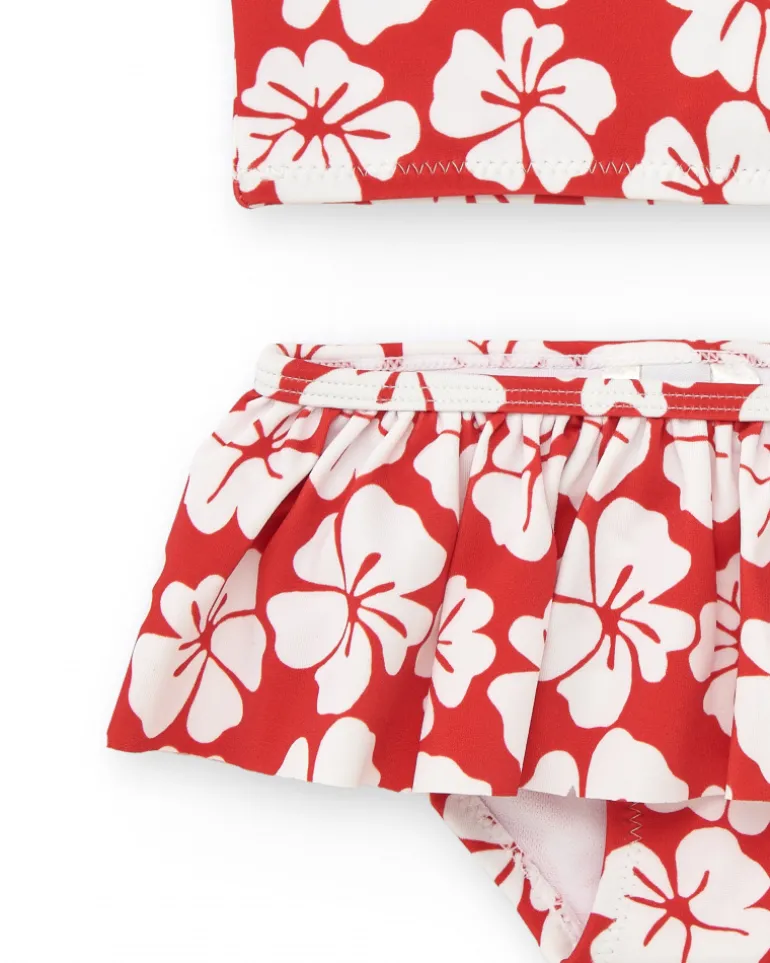 Bikini para niña en rojo con estampado floral y volante