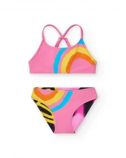 Bikini para niña en rosa con arcoíris y tirantes cruzados