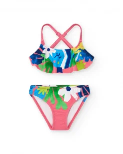 Bikini para niña en rosa con estampado tropical y volantes