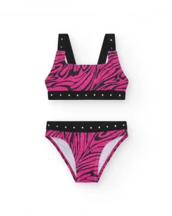 Bikini para niña en rosa con estampado animal print y tachuelas metálicas