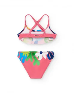 Bikini para niña en rosa con estampado tropical y volantes
