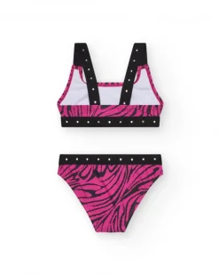 Bikini para niña en rosa con estampado animal print y tachuelas metálicas
