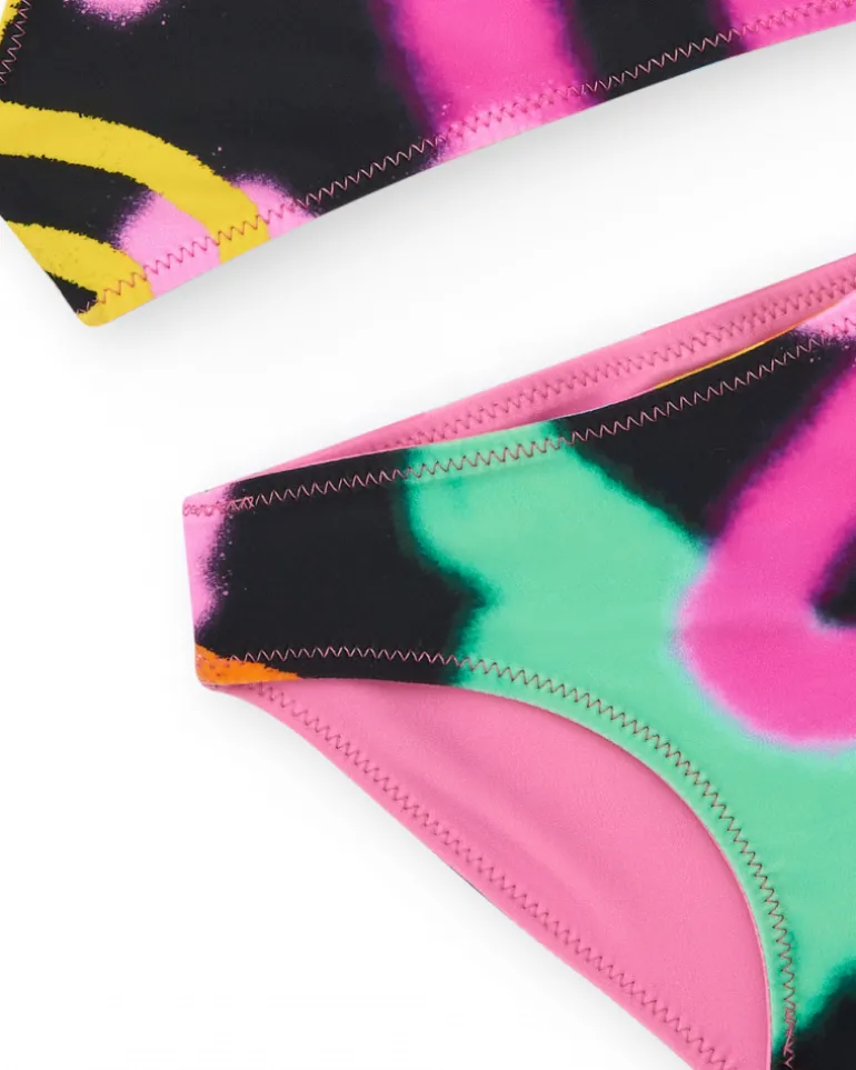 Bikini para niña en rosa con arcoíris y tirantes cruzados