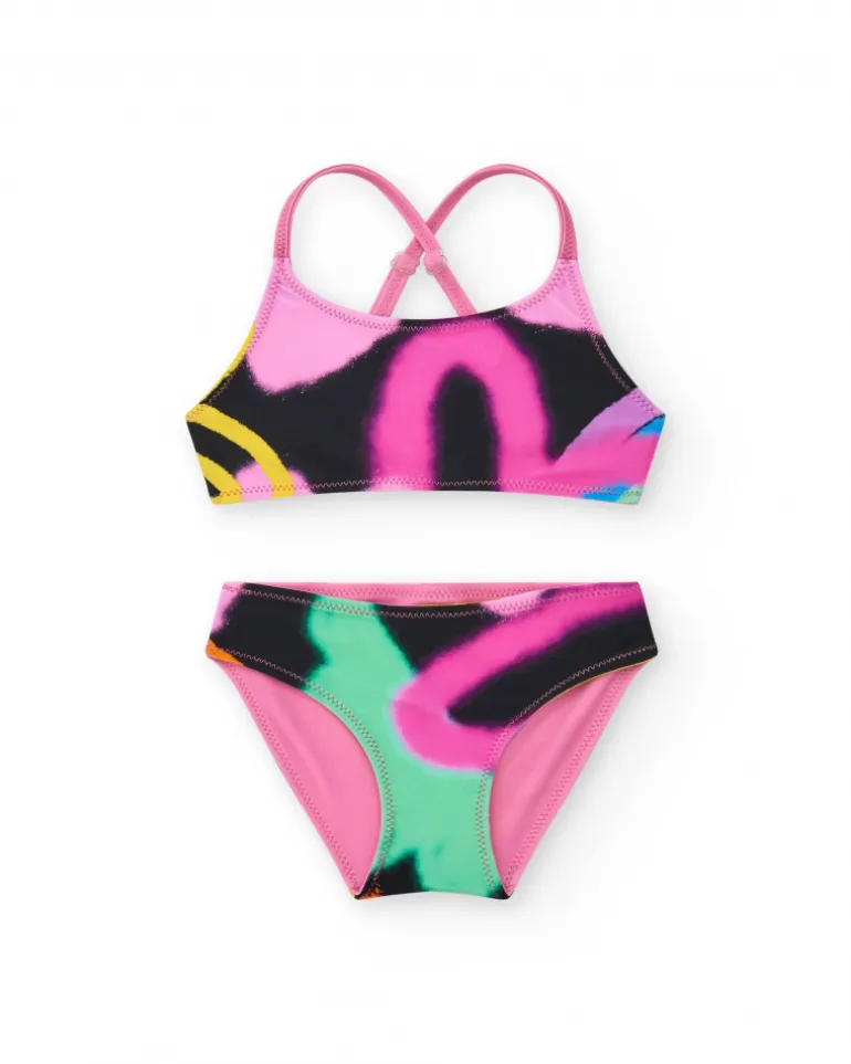 Bikini para niña en rosa con arcoíris y tirantes cruzados