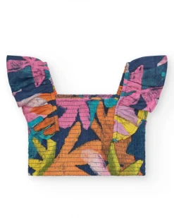Blusa para niña multicolor con tirantes anchos y ajuste nido de abeja