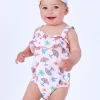 Body rosa para niña con estampado de paraguas, palmeras y soles