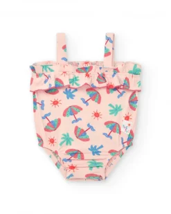 Body rosa para niña con estampado de paraguas, palmeras y soles