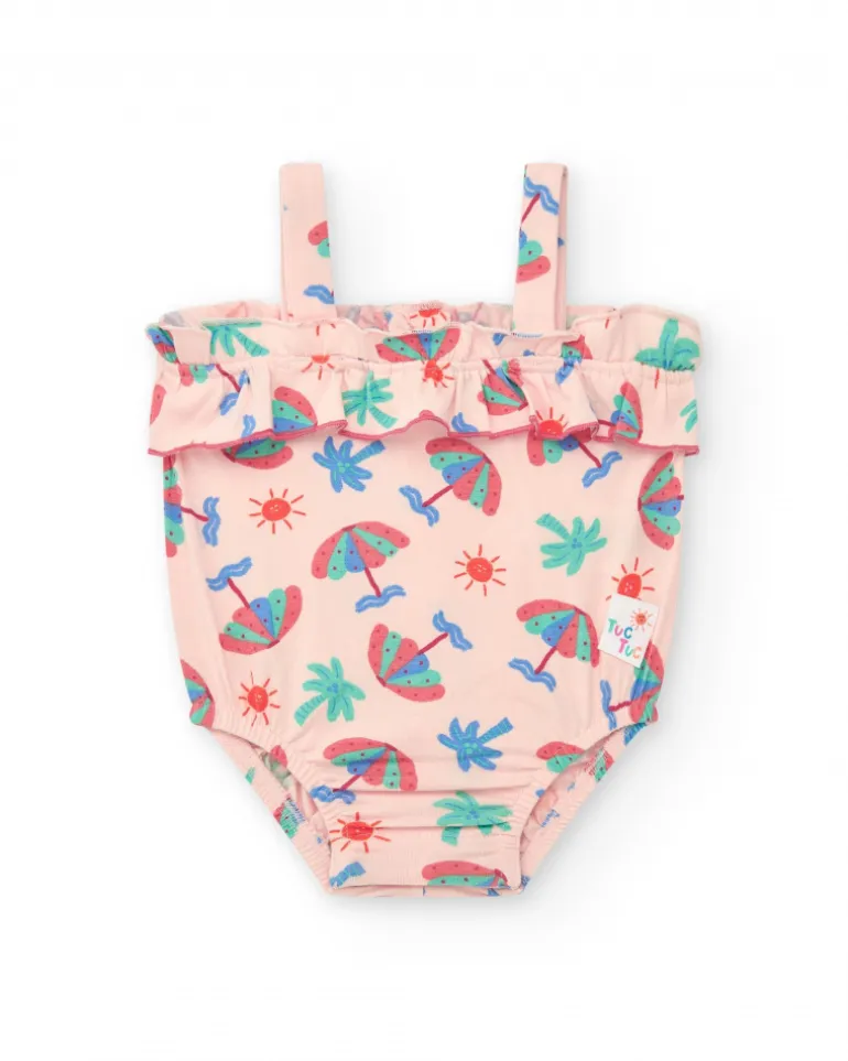 Body rosa para niña con estampado de paraguas, palmeras y soles