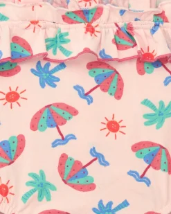 Body rosa para niña con estampado de paraguas, palmeras y soles