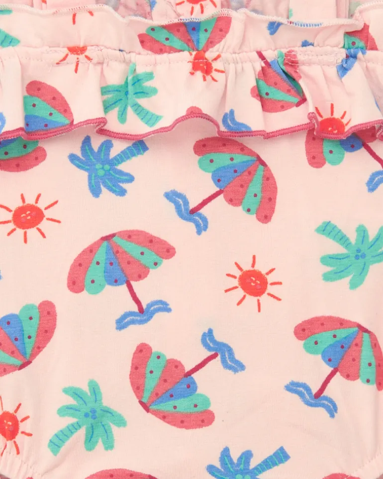 Body rosa para niña con estampado de paraguas, palmeras y soles