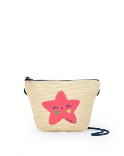 Bolso de rafia para niña en beige con estrella rosa