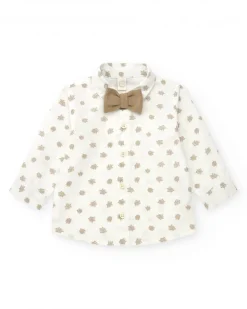 Camisa blanca para niño con hojas beige y pajarita desmontable