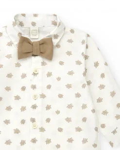 Camisa blanca para niño con hojas beige y pajarita desmontable