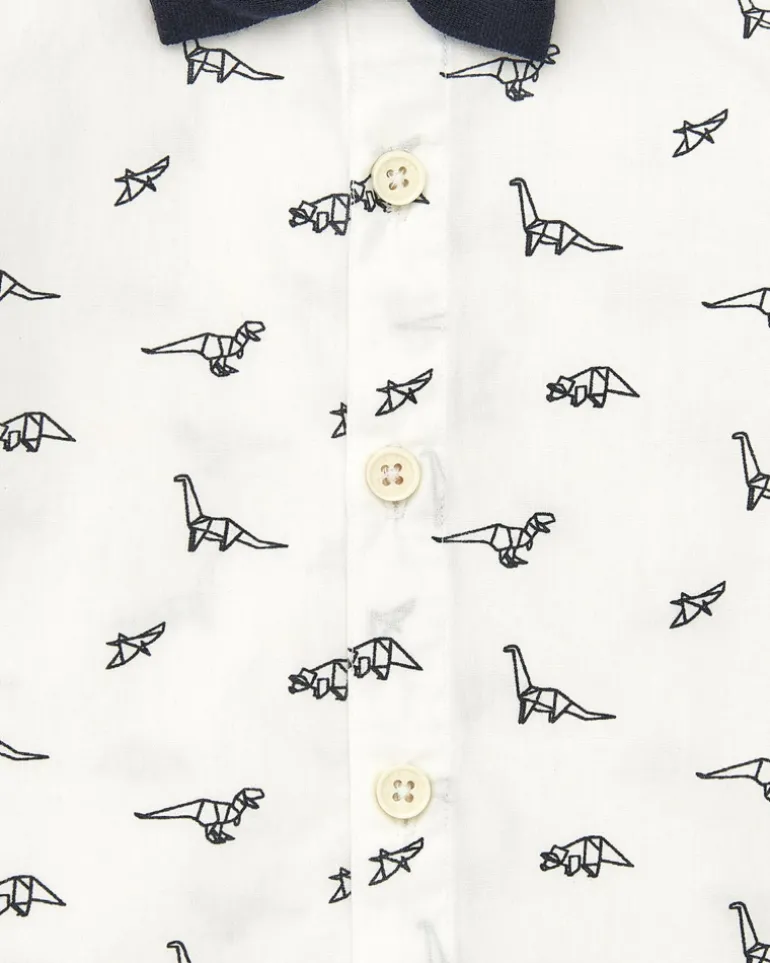 Camisa blanca para niño con dinosaurios y pajarita desmontable