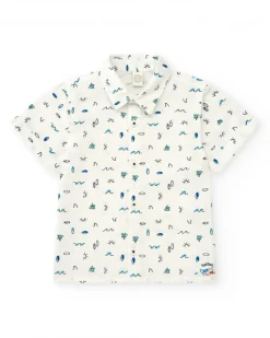 Camisa de plana para niño en blanco con estampado tropical en azul y verde