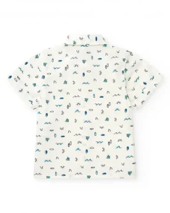 Camisa de plana para niño en blanco con estampado tropical en azul y verde