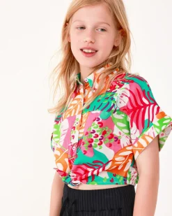 Camisa para niña con estampado tropical y nudo delantero
