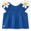 Camisa para niña en azul con flores y fruncido