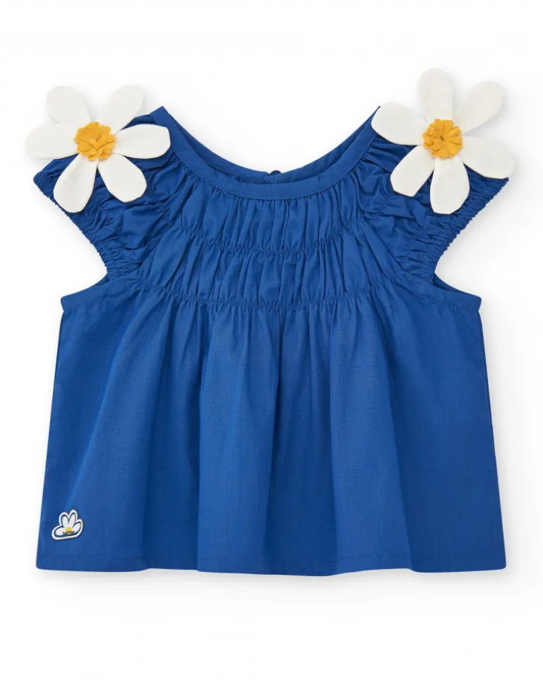 Camisa para niña en azul con flores y fruncido