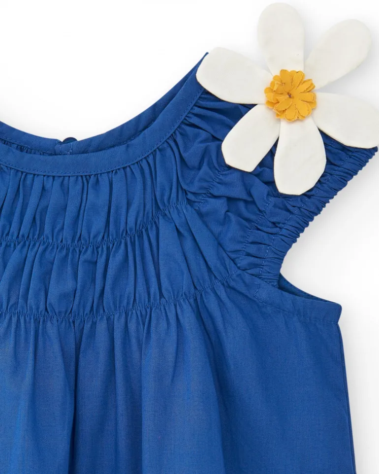 Camisa para niña en azul con flores y fruncido