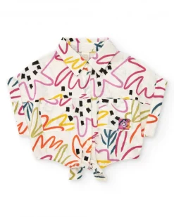 Camisa para niña en blanco con estampado y nudo frontal