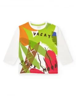 Camiseta blanca manga larga para niño con estampado tropical