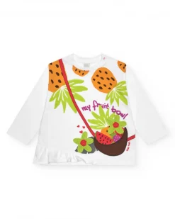 Camiseta blanca manga larga para niña con frutas bordadas y volante