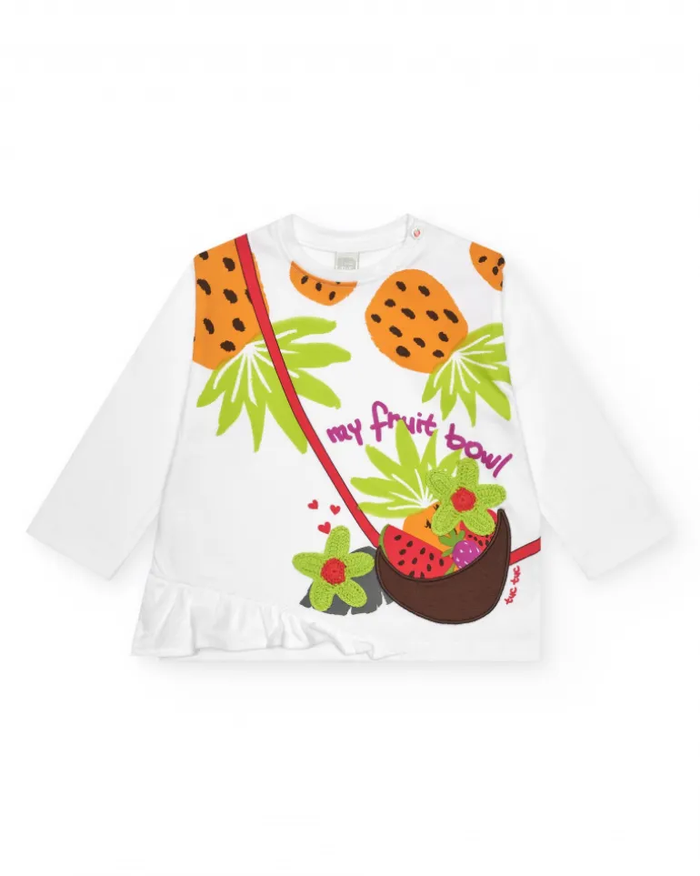 Camiseta blanca manga larga para niña con frutas bordadas y volante