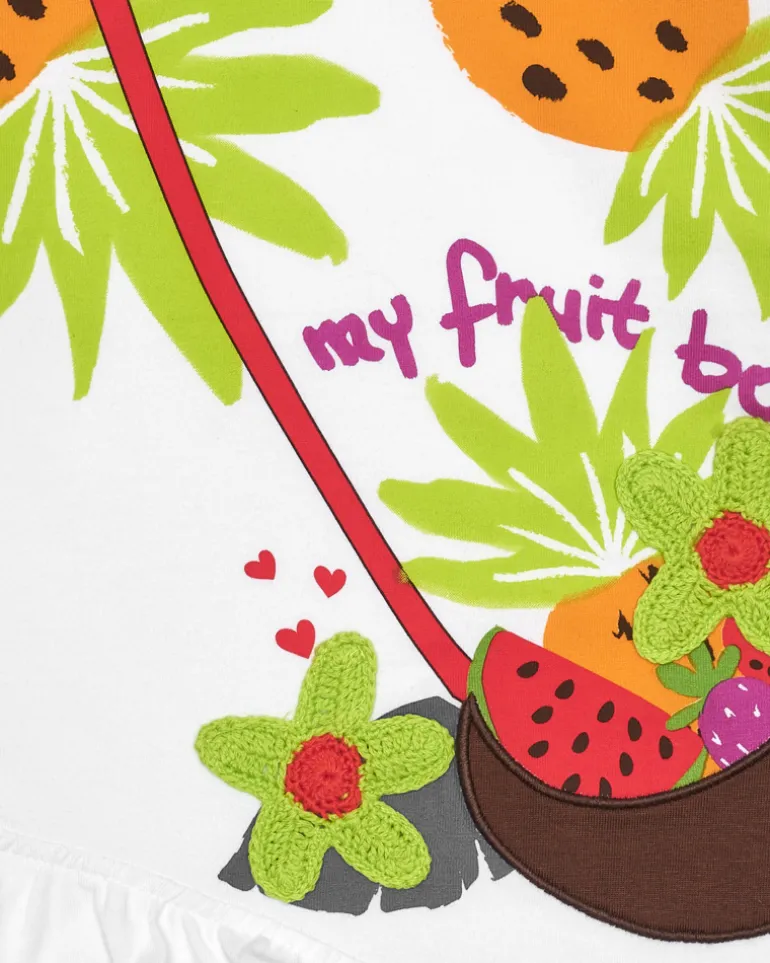 Camiseta blanca manga larga para niña con frutas bordadas y volante