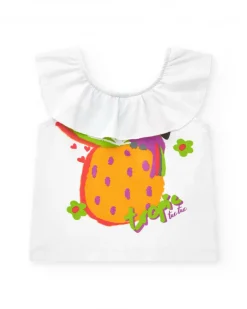 Camiseta blanca para niña con volantes y estampado tropical