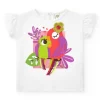 Camiseta blanca para niña con loros bordados y lentejuelas