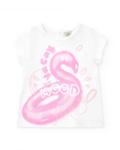 Camiseta blanca para niña con flamenco rosa y cierre trasero