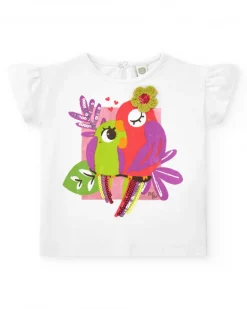 Camiseta blanca para niña con loros bordados y lentejuelas
