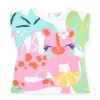 Camiseta blanca para niña con estampado tropical y cierre trasero