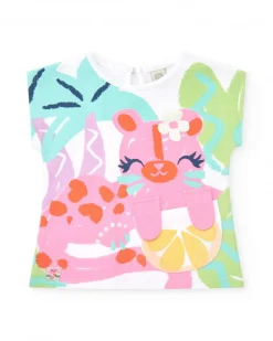 Camiseta blanca para niña con estampado tropical y cierre trasero