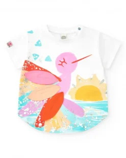 Camiseta blanca para niña con pájaro multicolor y detalles en tejido