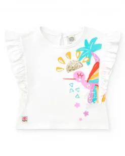Camiseta blanca para niña con colibrí tropical y lentejuelas