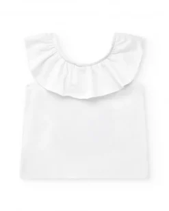 Camiseta blanca para niña con volantes y estampado tropical